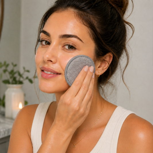 Beautiful Woman with Clear Glowy Skin is Washing Her Face with a Grey Round Cloth