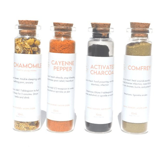 Booster Bottles of the Herbs Charcoal, Cayenne, Comfrey and Chamomile Powder - The Healing Happy Method